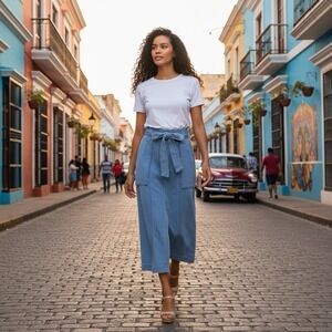 Free People Size 0 Catching Feelings Tie Front Front Slit Linen Blend MIDI Skirt